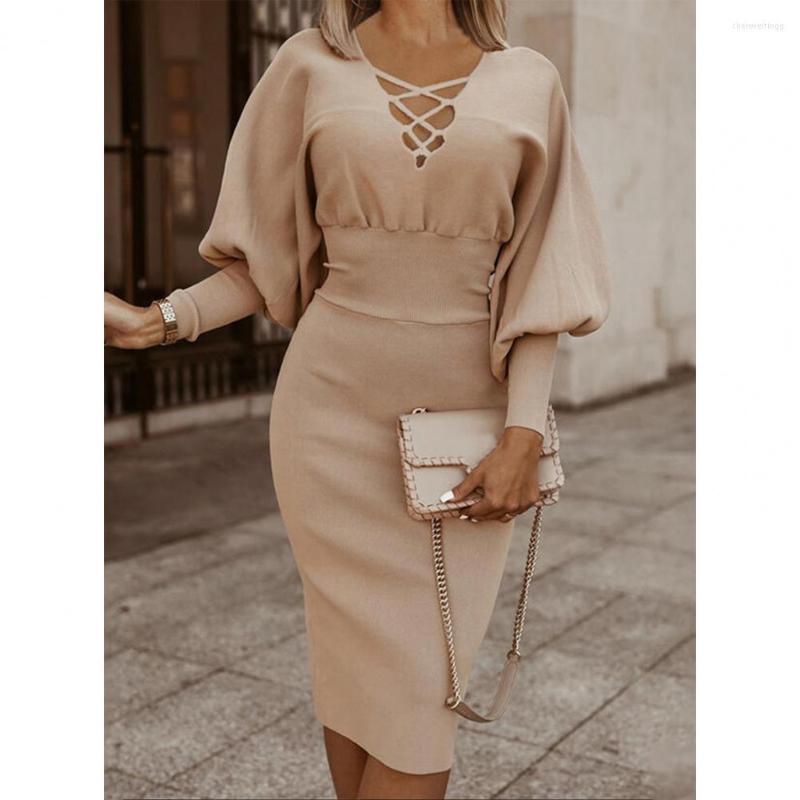 

Casual Dresses Women Dress Crisscross Hollow Out Bodycon Autumn Winter Slim Hip Warp Patchwork Party For Daily Wear, Apricot