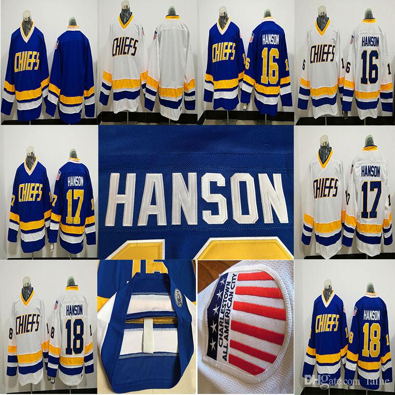 

Cheap Hanson Brothers #16 #17 #18 Charlestown Chiefs Slap Shot White Blue Movie Hockey Jerseys Free Shipping