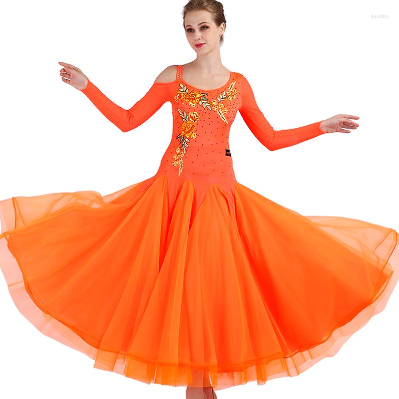 

Stage Wear Custom Size Orange Ballroom Dance Competition Dresses Waltz Dress Fringe Luminous Costumes Standard Foxtrot