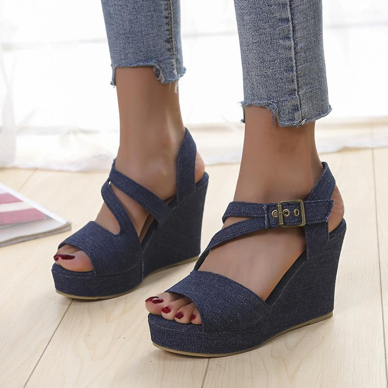 

Sandals Style Ladies Plus Size Roman Fashion Denim Fish Mouth Wedges 2023, Dark blue
