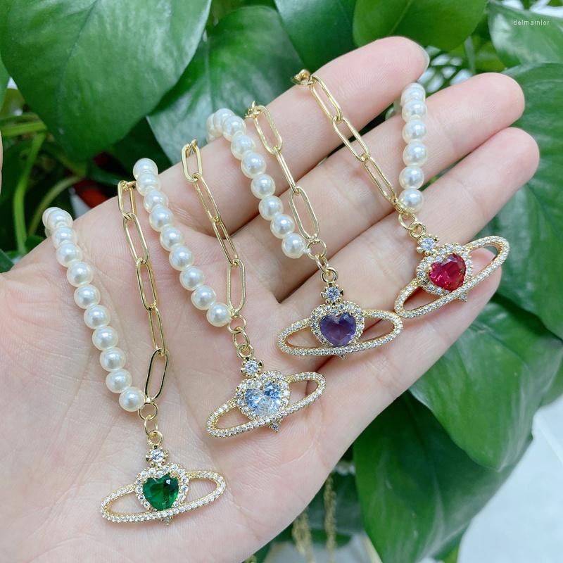

Chains 5Pcs Design Zircon Heart Pendant Necklace Gold Plated Brass Paperclip Link Chain Shell Pearl Necklaces