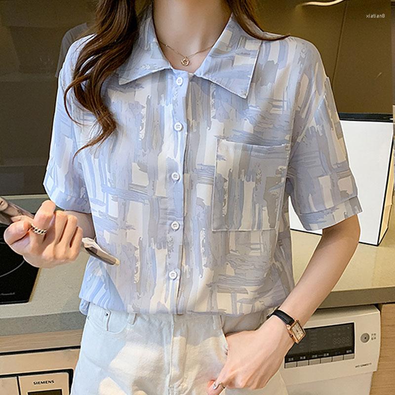 

Women' Blouses Retro Printed Summer Loose Top Mujer Blusas Casual Short Sleeve Blouse V-Neck Button Up Shirt Female Drop Clothing 2317, Picture