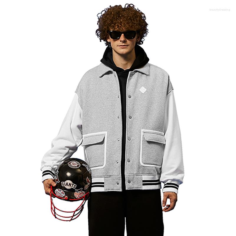 

Men' Jackets Streetwear Baseball Contrast Patch Pocket Jacket For Men Fleece Fashion Coat, Grey