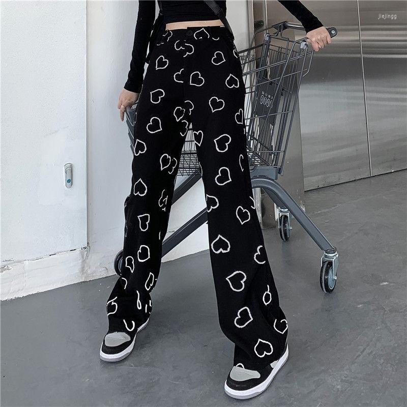 

Women' Pants Hip Hop Wide Leg Female Fashion Casual Harajuku Heart Print Loose Pant 2023 Autumn Women Vintage Korean Style Trouser, Black