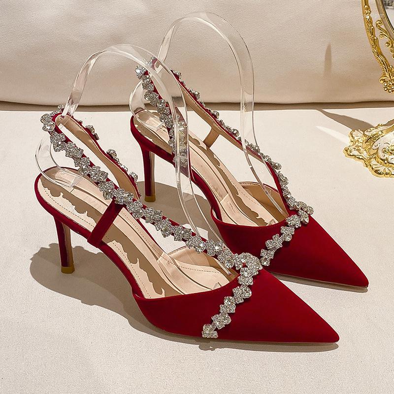 

Dress Shoes Chain Rhinestones For Ladies Satin Thin High Heels Diamond Female Sandals Femme Tacones Pointed Toe Women's Sandalias, White