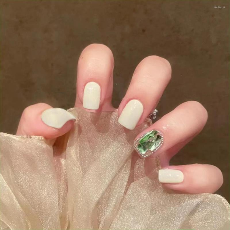 

False Nails 24Pcs Glossy White Dark Green Gem Short Fake For Women Girls French Style Full Cover Nail Sticker NOV99, Jelly glue model
