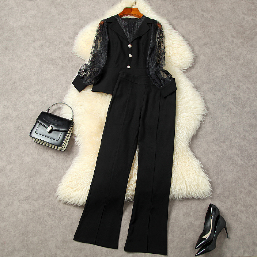 

Spring Long Sleeve Two Piece Pants Round Neck Black / Khaki Solid Color Lace Panelled Top & Flare Trousers Suits 2 Pieces Set 22G112045