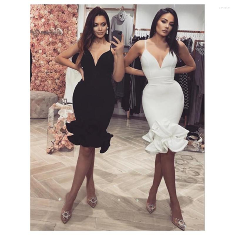 

Casual Dresses Summer Fashion Sexy Sleeveless V Neck Ruffles Black White Bodycon Women Bandage Dress 2023 Elegant Evening Party Vestido