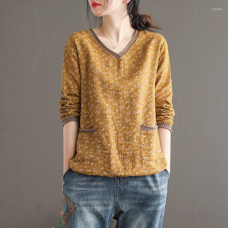 

Women's T Shirts Woman Tshirts Spring Literary Floral Cotton Linen Pullover Long Sleeve Loose-Fitting V-neck Top Tops Mujer Camisetas, Orange
