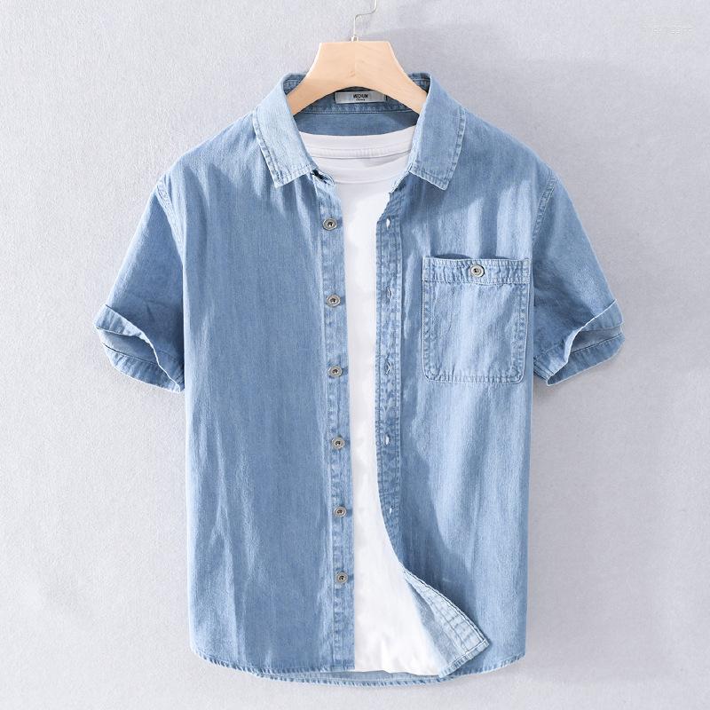 

Men's Casual Shirts Summer Men's Denim Short-sleeved Shirt Classic Japanese Simple Business Loose Jean Tops Male Thin Slim Half-Sleeve, 910-light blue