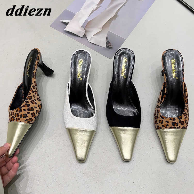 

Leopard Grain Fashion New 2023 Woman Pumps Slippers Sandals Mixed Colors Ladies Footwear High Heels Shoes Female Slides Mules 0316, Black