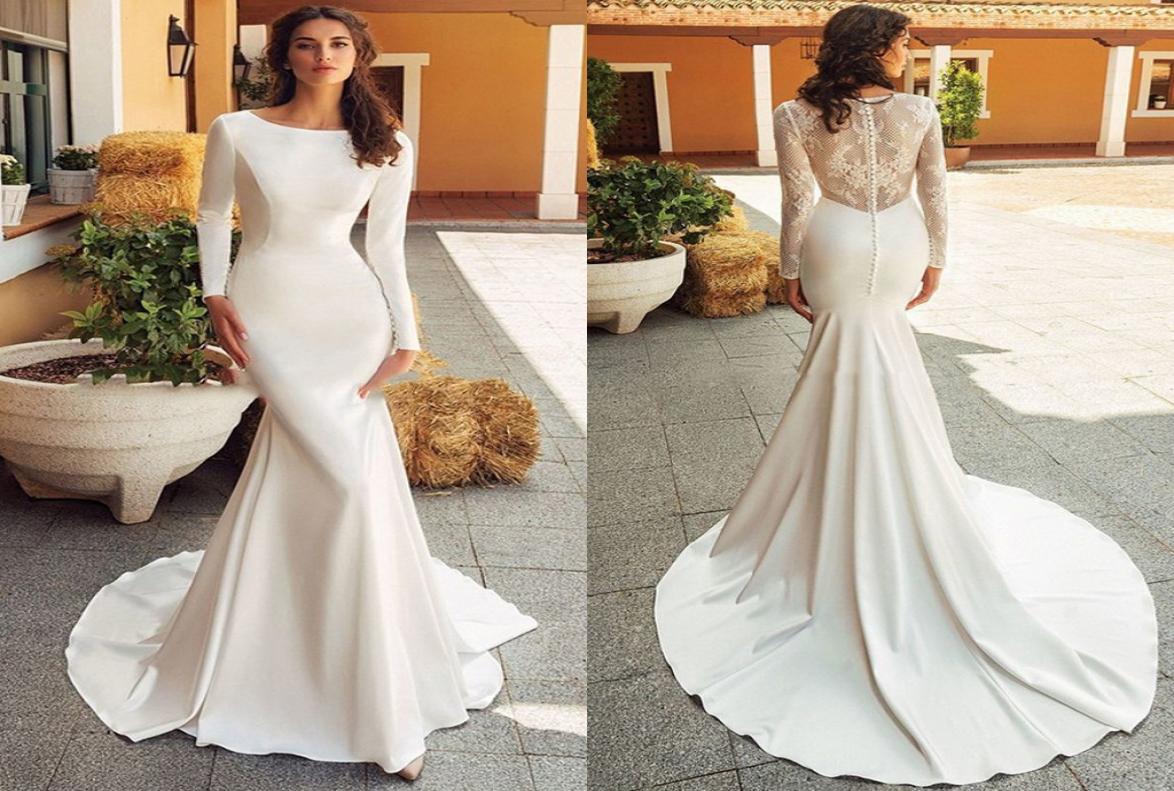 

Mermaid Wedding Dress 2021 Satin Long Sleeve Vestido De Noiva Lace Bride Dresses With Romantic Buttons9233507, Ivory