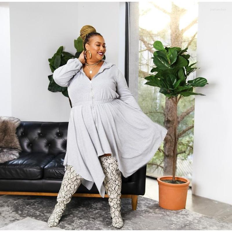 

Casual Dresses EWSFV 2023 Autumn And Winter Women Solid Color Long Sleeved Waist Irregular Zipper Hooded Sweater Dress, Gray