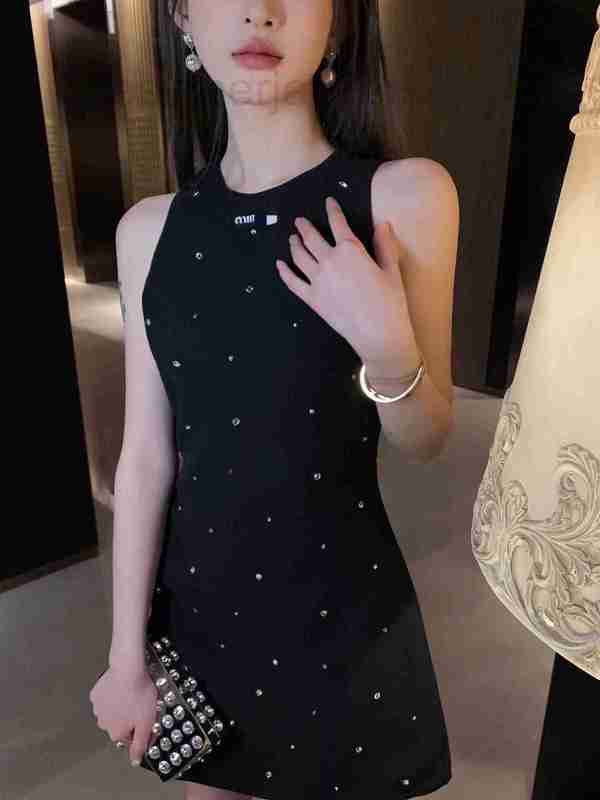 

Party Dresses designer Spring/Summer New Handmade Full Diamond Decorative Sleeveless Tank Top Dress with Rhinestone Black/White TVQ9
