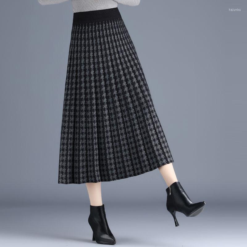

Skirts Autumn Women' Houndstooth Midi Knitted Elastic High Waist Pleated Korean Style Casual Fashion Lady X21, Black