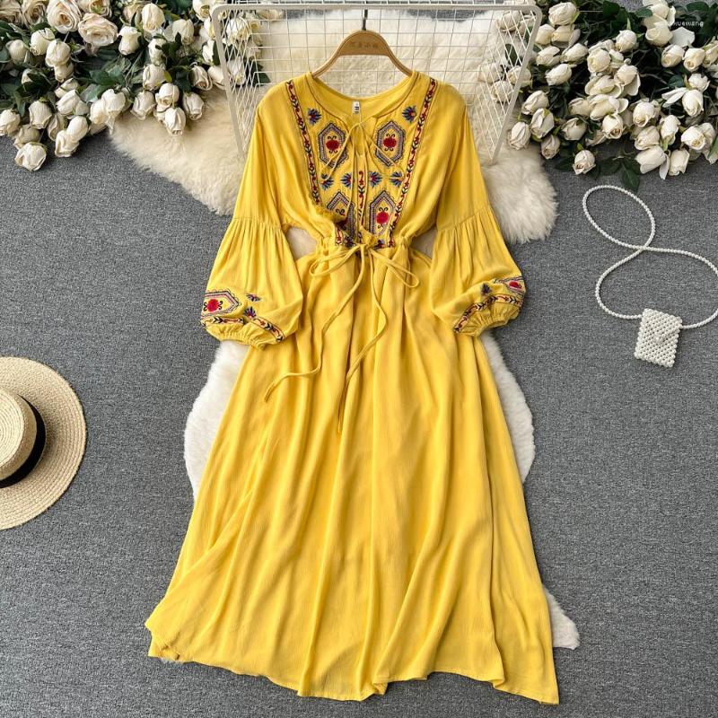

Casual Dresses Spring Autumn Cotton A-line Dress Women's Bohemian Long Sleeve Holiday Ins Embroidery Vestidos Femininos Frete, Yellow