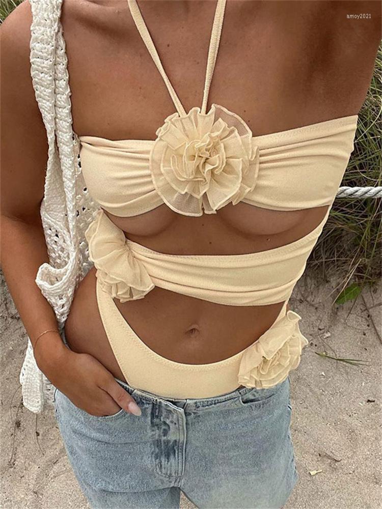 

Women' Two Piece Pants Tossy Summer Hollow Out Skinny Jumpsuit Three-dimensional Rose Appliques Decoration Solid Halter Top Female Sheer, Beige
