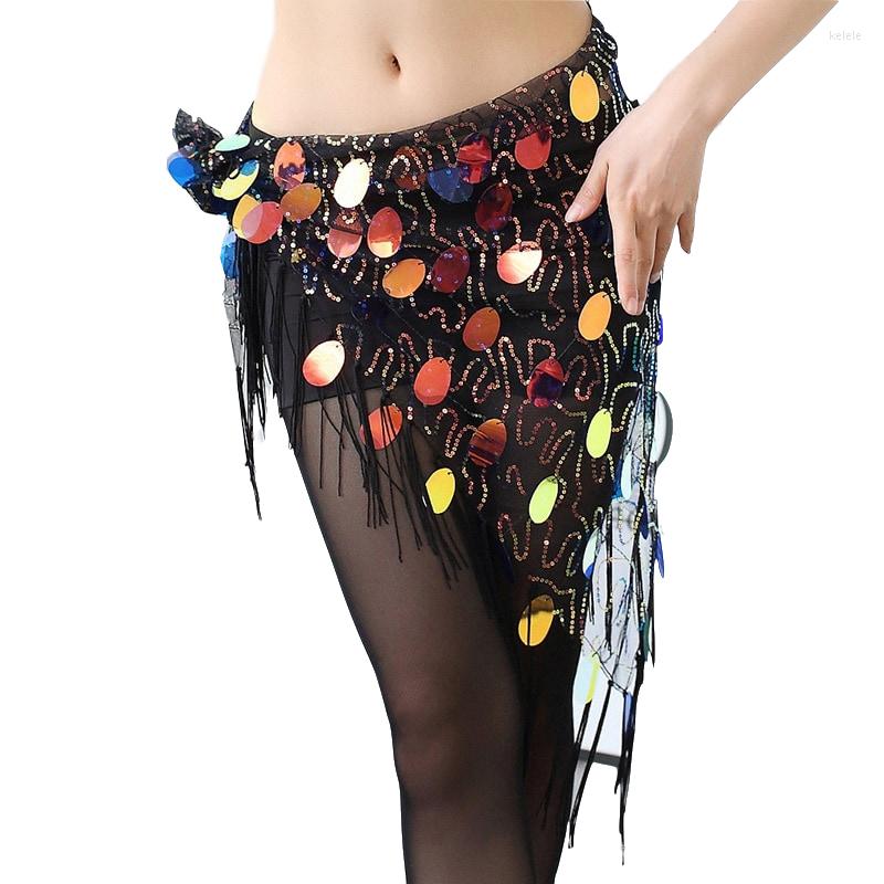 

Stage Wear 2023 Belly Dance Clothes Accessories Mesh Long Tassel Triangle Belt Hand Crochet Bellydance Hip Scarf With Round Sequins, Black hip scarf