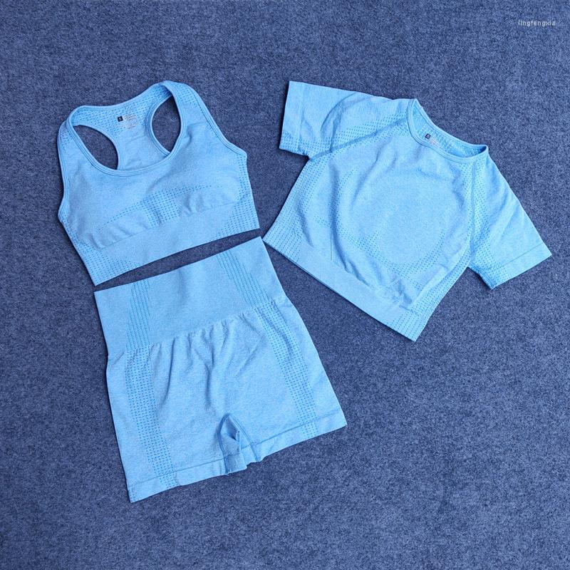 

Active Sets 2/3PCS Summer Seamless Women Yoga Set Workout Sport Gym Fitness Bra Short Sleeve Crop Top High Waist Shorts Running Sports Suits, 2pcs gray