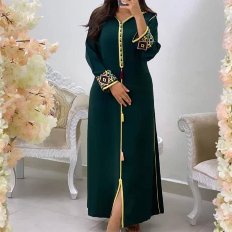 

Casual Dresses Dress Long Embroidery Floral Women Hooded 2023 Summer Fashion Sleeves Muslim Elegant Maxi Robe Femme, Green