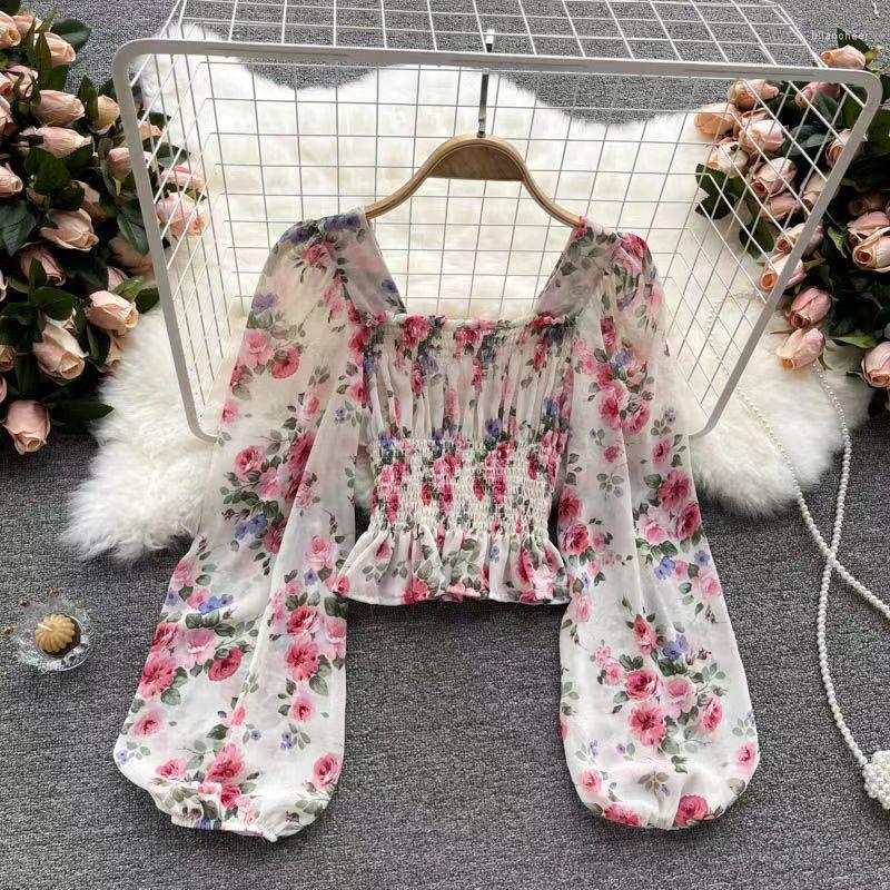 

Women's Blouses Crop Top Long Sleeve Puff Chiffon Blouse Peplum Floral Tops Korean Fashion Clothing Summer Blusas Mujer De Moda 2023