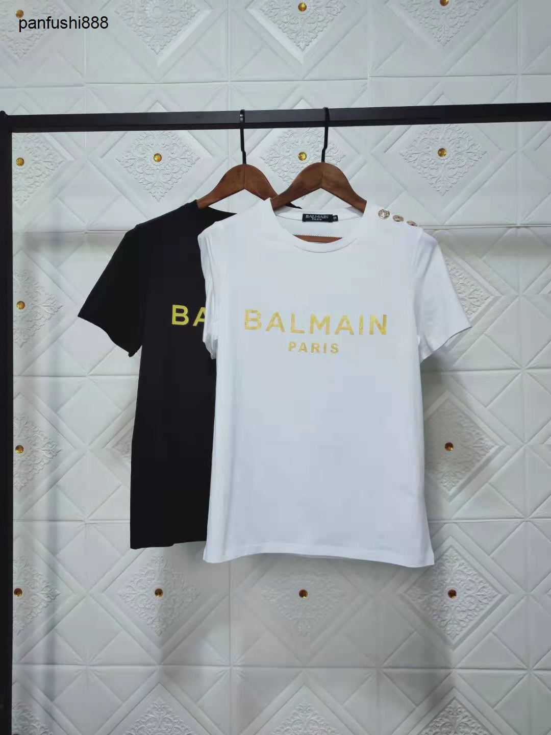 

B Casual Short Sleeve T shirt Spring Summer 2023 New Star Same Balman Shoulder Button Stamping Letter Cotton Short Sleeve T shirt Couple Style, Gold buckle with bold white black