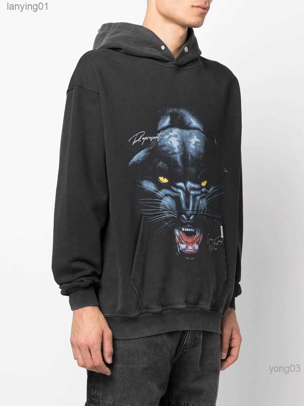 

High-version American Street Rhude Leopard Head English Print Wash Old Loose Men' Hooded, Wash water black