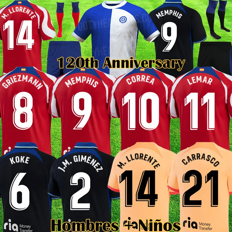 

22 23 ATLETICO Soccer Jerseys 23 24 120 year anniversary MEMPHIS Third MADRIDs 2023 2024 CARRASCO CORREA camiseta de futbol HERRERA LLORENTE A MAD Football Shirt, Kids home socks