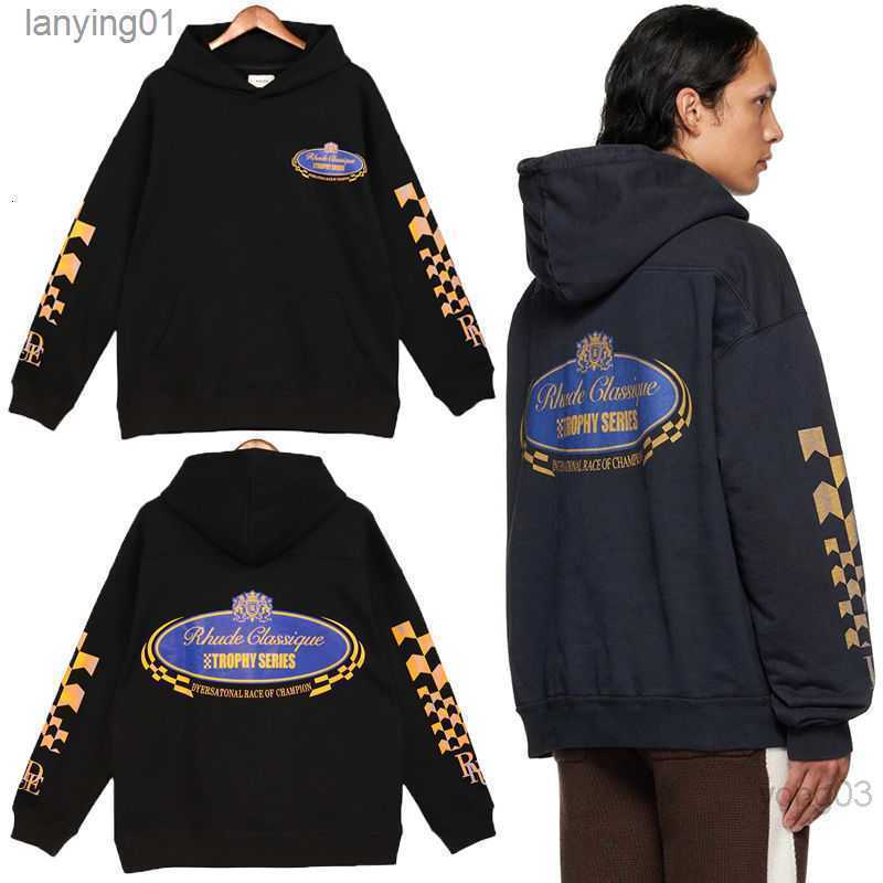 

Rhude Classique Alphabet Print Hoodie Fashion Men High Street Skateboarding Coat, Black1