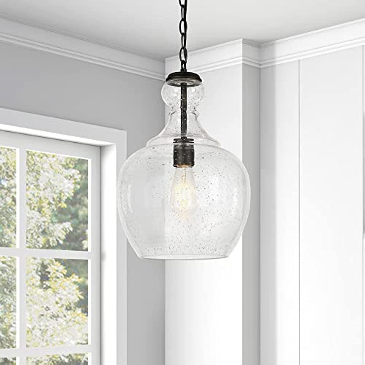 

11" Wide Pendant with Glass Shade in Blackened Bronze Seeded, Pendant, Flush Mount Ceiling Light Fixture for Kitchen, Living Room