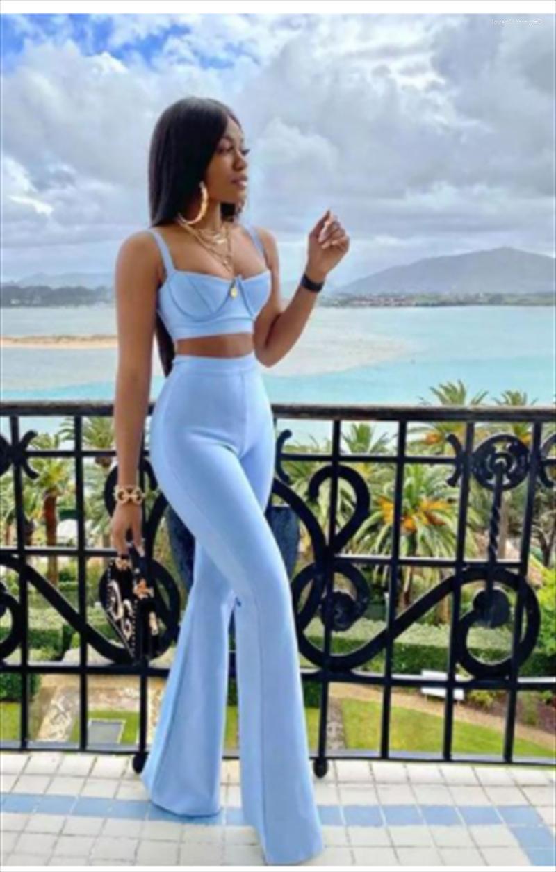 

Women's Two Piece Pants Celebrity Bandage Set Red Green Pieces Strap Sleeveless Bustiers And Long Bell-Bottoms Trousers Sexy Fashion Party