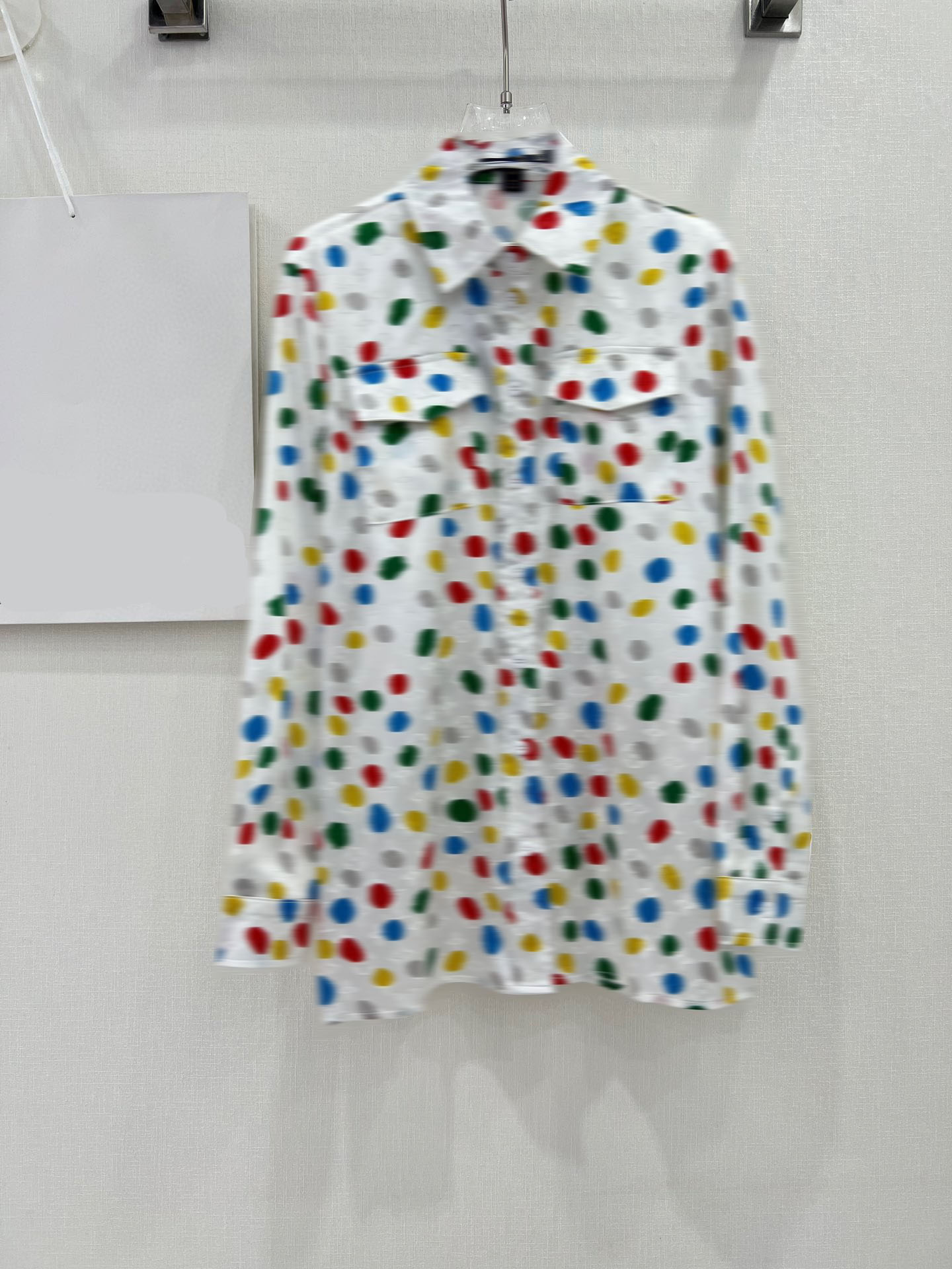 

2023 Runway Designer Women's Shirts Round Dot Pattern Turn Down Collar Long Sleeve Pockets Blouse Casual Button Up Design Shirts, White