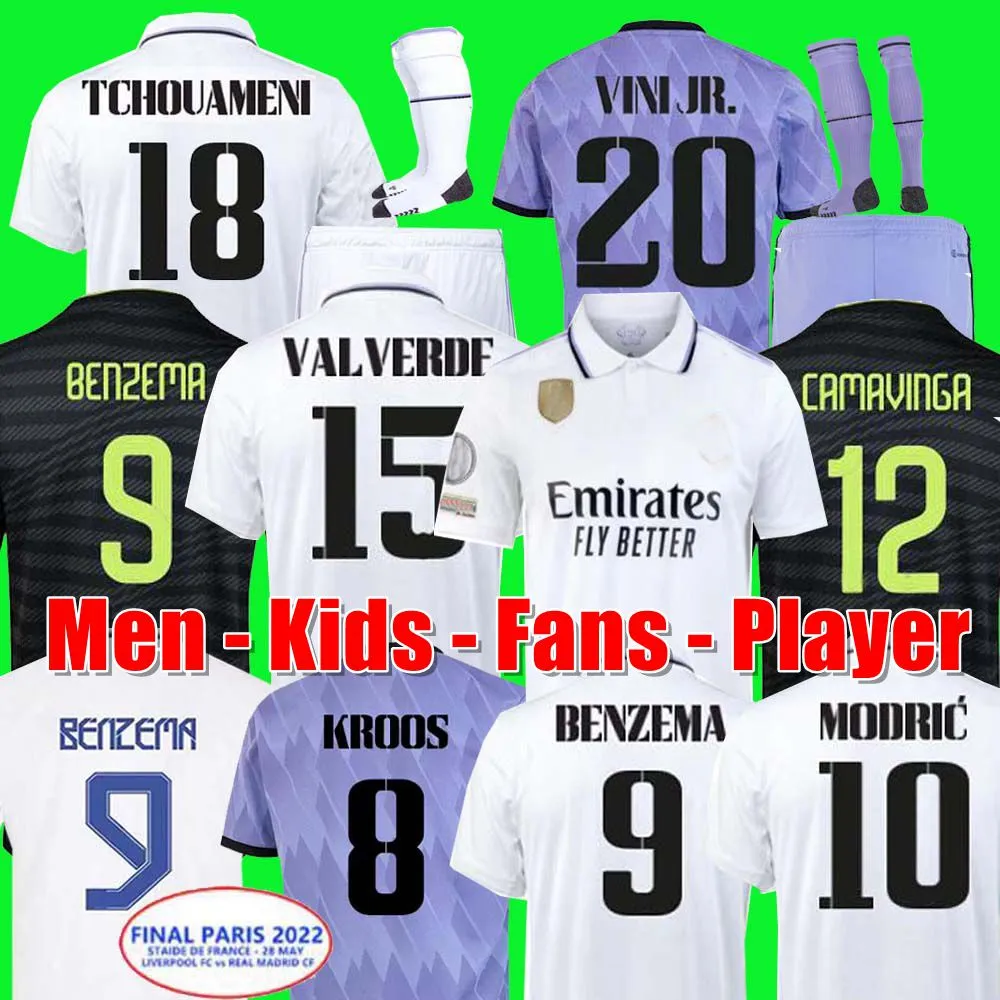 

soccer jersey 2022 BENZEMA Finals 22 23 football shirt VINI JR TCHOUAMENI VALVERDE RODRYGO MODRIC camiseta men kids kit 2023 uniforms Player FANS KROOS REAL MADRIDS, Adult home lfp