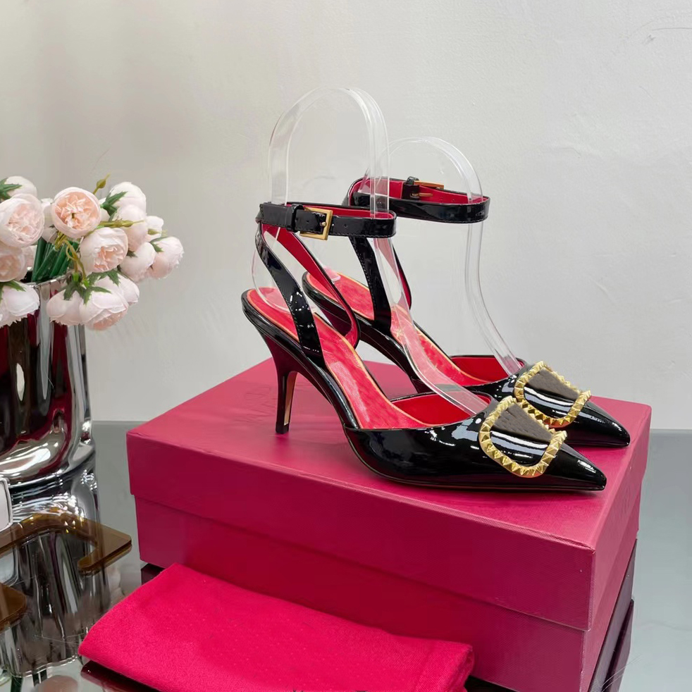 

Fashion Dress Shoes Designer Sandals Women Stiletto Heels Riveted Square Buckle Lacquer Leather Ankle Strap Buckle 7.5CM Party Wedding Shoes, Red