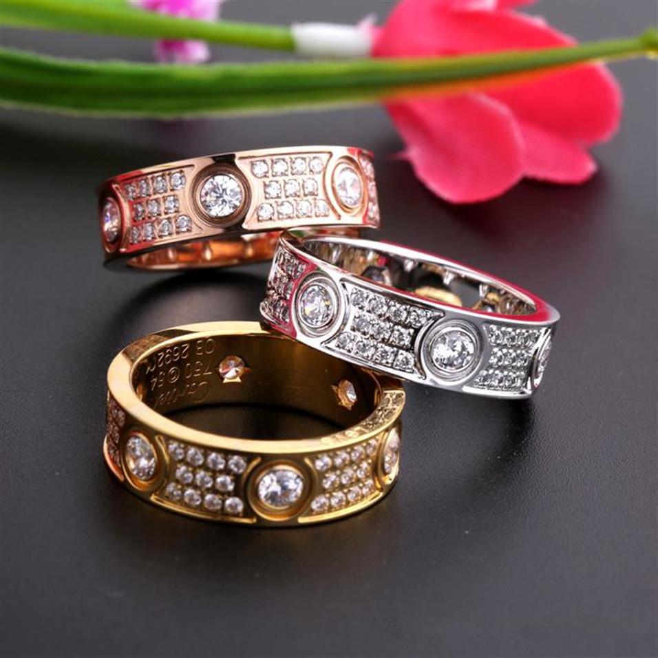 

Luxury Full Diamonds Love Rings Stainless Steel Rose Gold Couple Band Rings Fashion Silver 18K Gold Lovers Rings for Women Men Fin288R