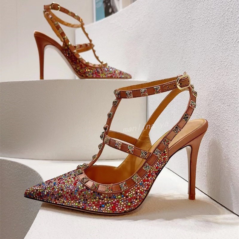 

Flash diamond high-heeled sandals summer women's gladiator sandals new luxury brand rivet high-heeled shoes designer women's shoes 35---43 size 10.5Cm, Box