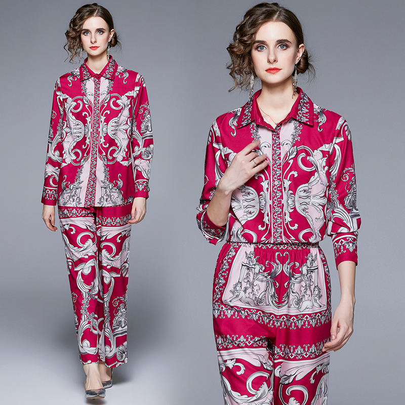 

2023 Designer Pant Sets Women Baroque Red Set Lapel Shirt and Wide Leg Pants Vacation Plus Size Suit Spring Autumn Long Sleeve Office Chic Woman Casual Two Piece Set, Customize