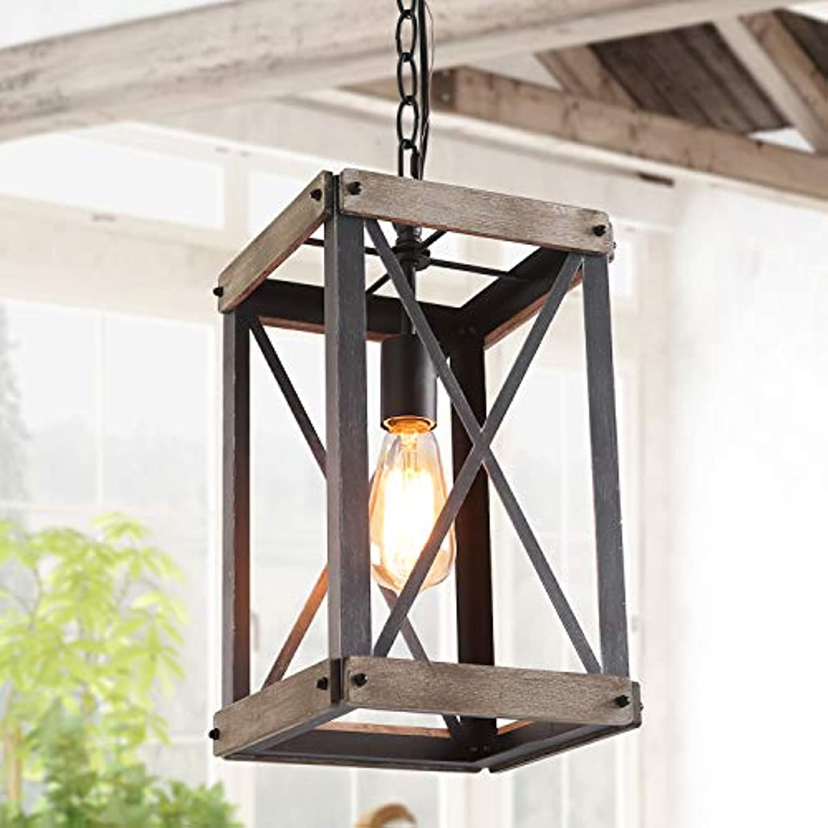 

Farmhouse Pendant Lighting Fixture Rustic Wood Cage Chandelier Brown, Rectangle