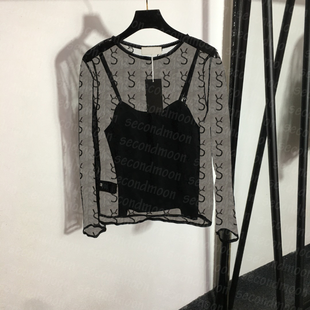 

Sexy Mesh T Shirts Women Transparent T Shirt Long Sleeve Breathable Tee Designer Flocking Letter Tees, Black
