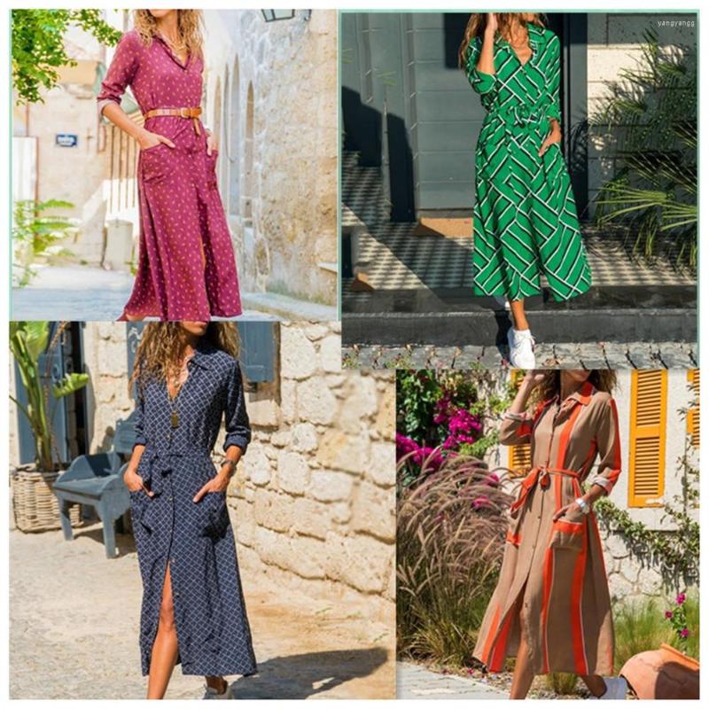 

Casual Dresses Elegant Women's Turn-Down Collar Split Long Sleeves Printing Gowns Ladies Dress Mid-Calf Plus Size 5XL, 03