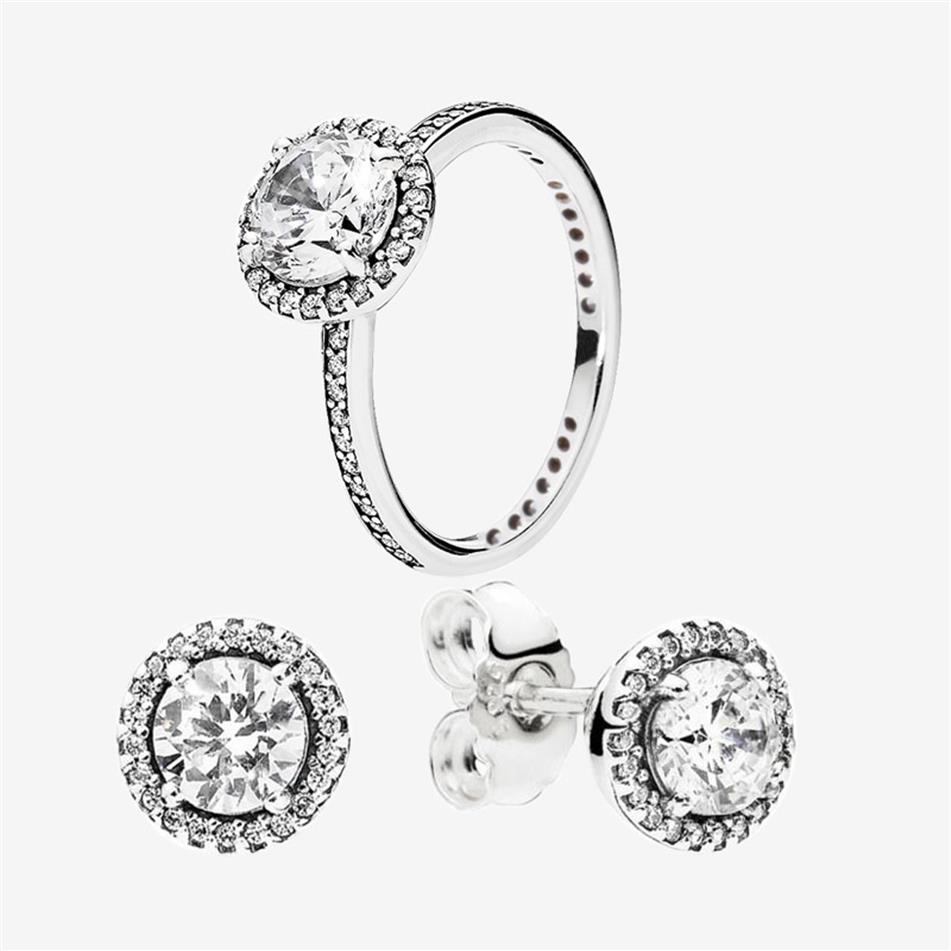 

Big CZ diamond Wedding RING and Earring set with Original box for Pandora 925 Sterling Silver Women rings & stud Earrings256U