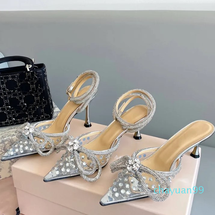 

MACH MACH Rhinestone Dress shoes for women Crystal Embellished Bow high heeled sandals sexy Designer Heels transparent Pearl drill party slippers 9.5cm heel with box, 6.5cm clear drill sandals