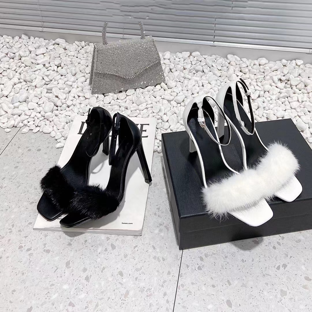 

Latest Stiletto heel Sandals fashion Designer Heels mink hair 100% leather Top quality high heeled womens shoes sexy praty wedding dress Sandal with box