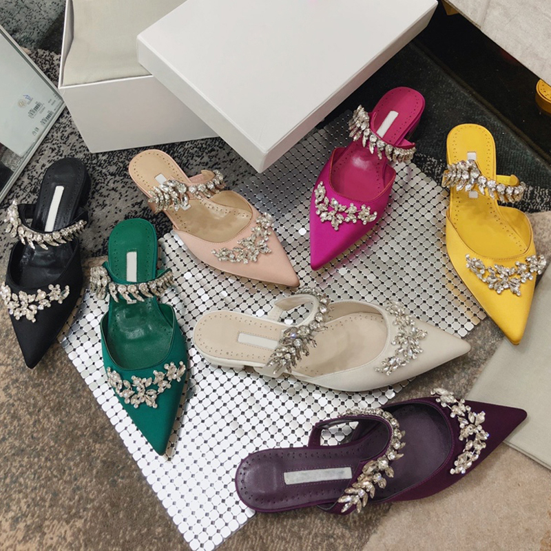 

Lurum Crystal Satin Flat Mules Women Slippers Mule Slides 100% real leather Dermal outsole Satin Crystal Embellished featuring pointed toe Size 35-42 Designer Luxury, 11
