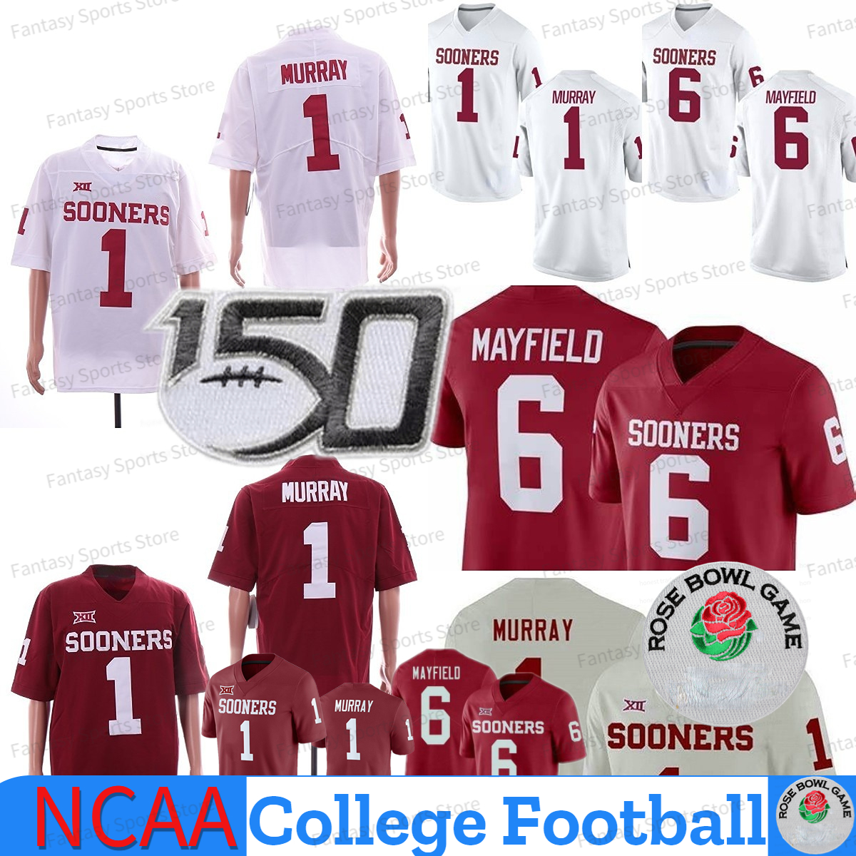 

NCAA 1 Kyler Murray 6 Baker Mayfield Jersey Oklahoma Sooners College Football Jerseys White Crimson Red Stitched Mens Rose Patch, Men jersey