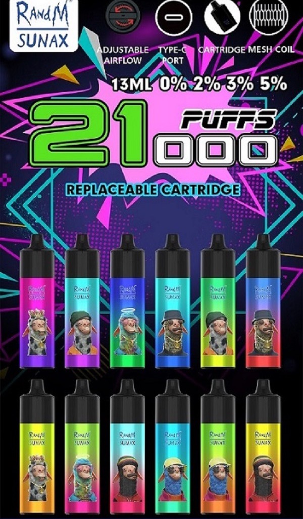 

Original RandM Sunax 21000 Puffs Disposable Vape Pen E Cigarette With 850 Mah Rechargeable Battery Airflow Control Mesh Coil 21k 13ml Prefilled Pod 12 Flavors