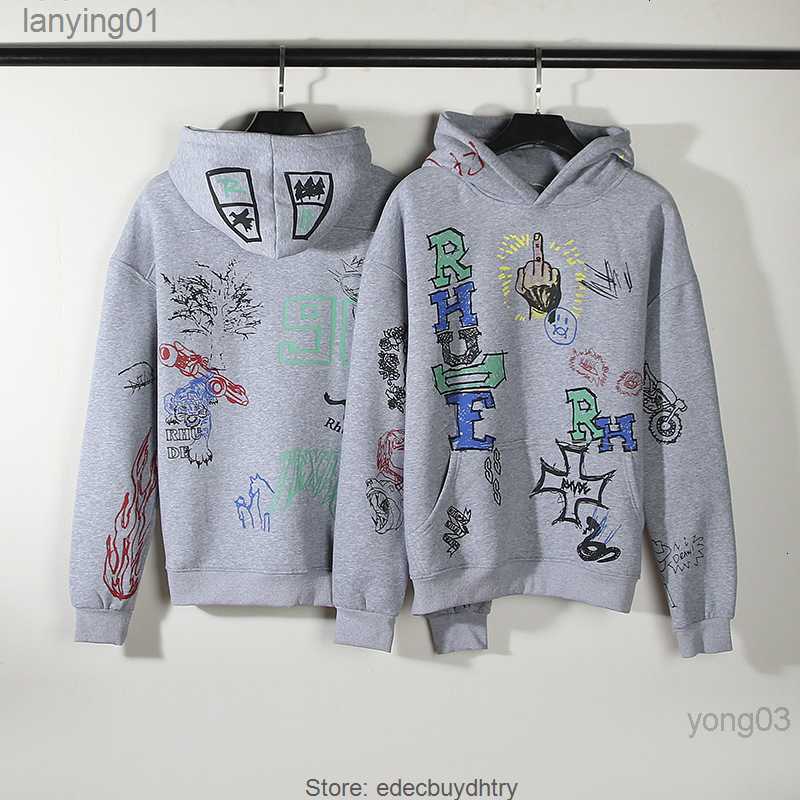 

Rhude Designer Men's Hoodies Doodle Manager's Hand-painted Graffiti Pullover High Street Mens Hoodie, Gray