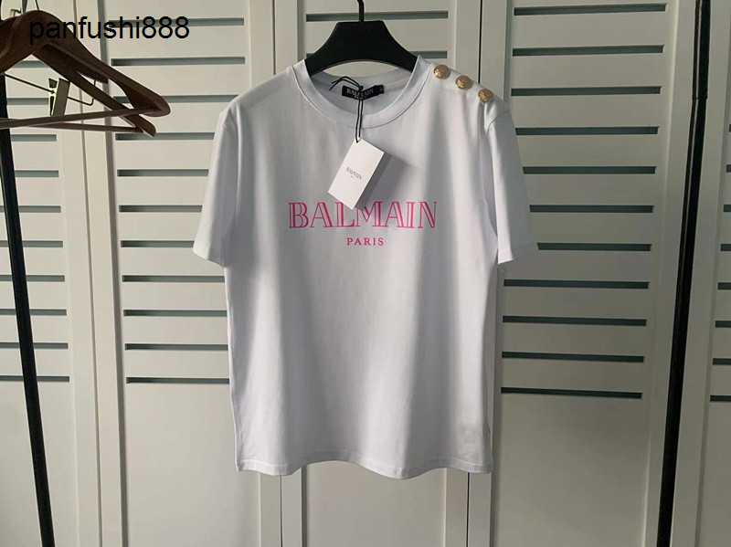 

Ballmais Casual Short Sleeve T shirt 2023ss Spring Summer New Balman Short Sleeve Shoulder Gold Button Stamped Letter Cotton T shirt Couple Style, Black gold characters (without buckle)