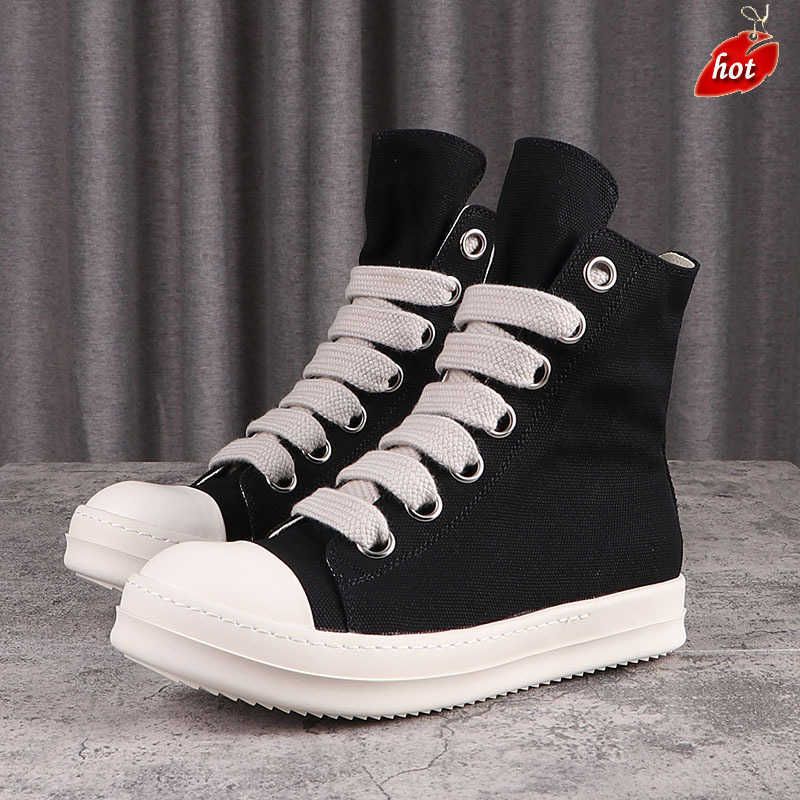 

20232023s High Street Rick Canvas Shoes Jumbo Shoeslace Solid Black Male Sneakers Lace-up Rubber Owens Women'sSize 34-48