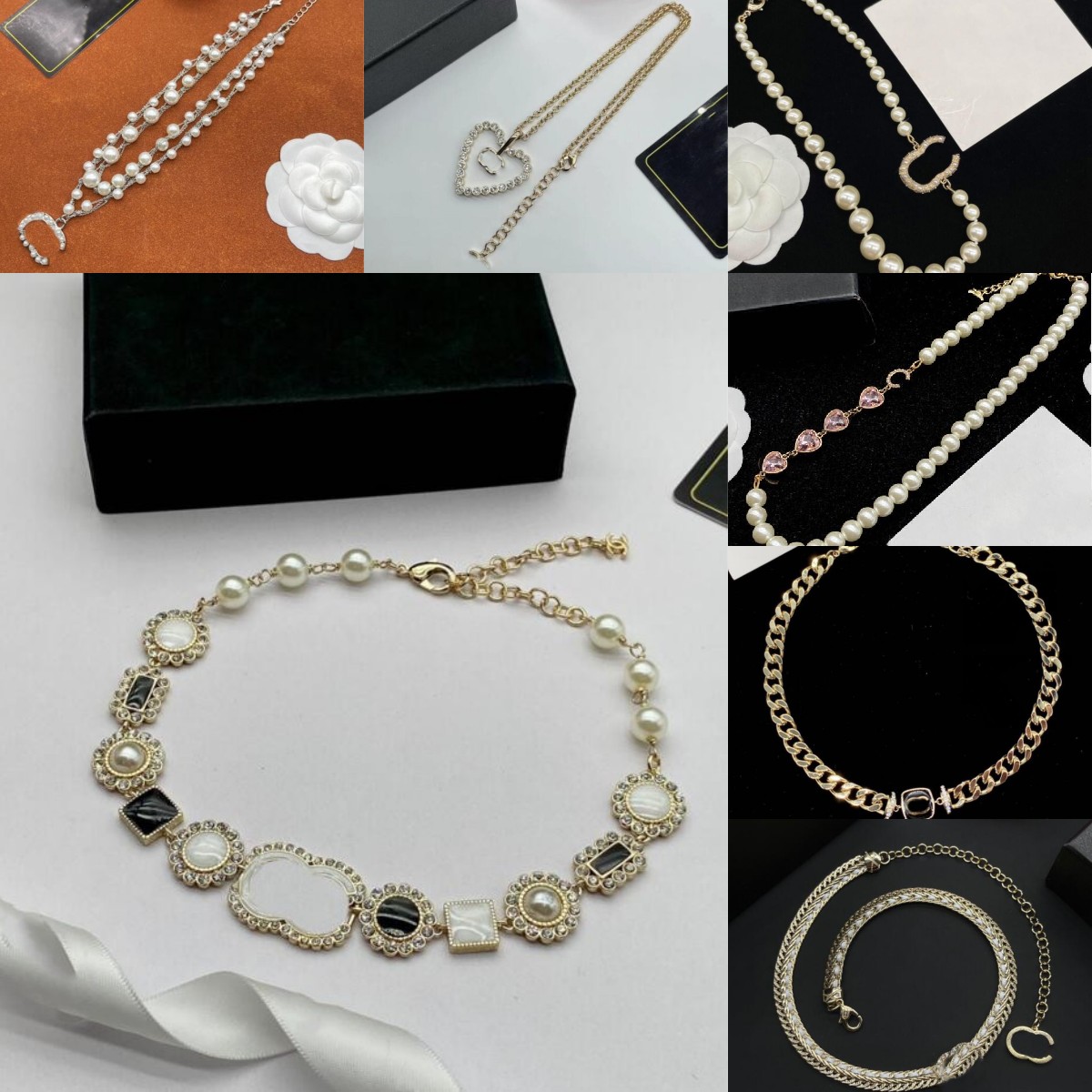 

Women Crystal Pearl Necklaces Pendant Designer Gold Silver Letter Stainless Steel Necklaces Chain Rhinestone Choker Brand for Girl Wedding Party Jewelry